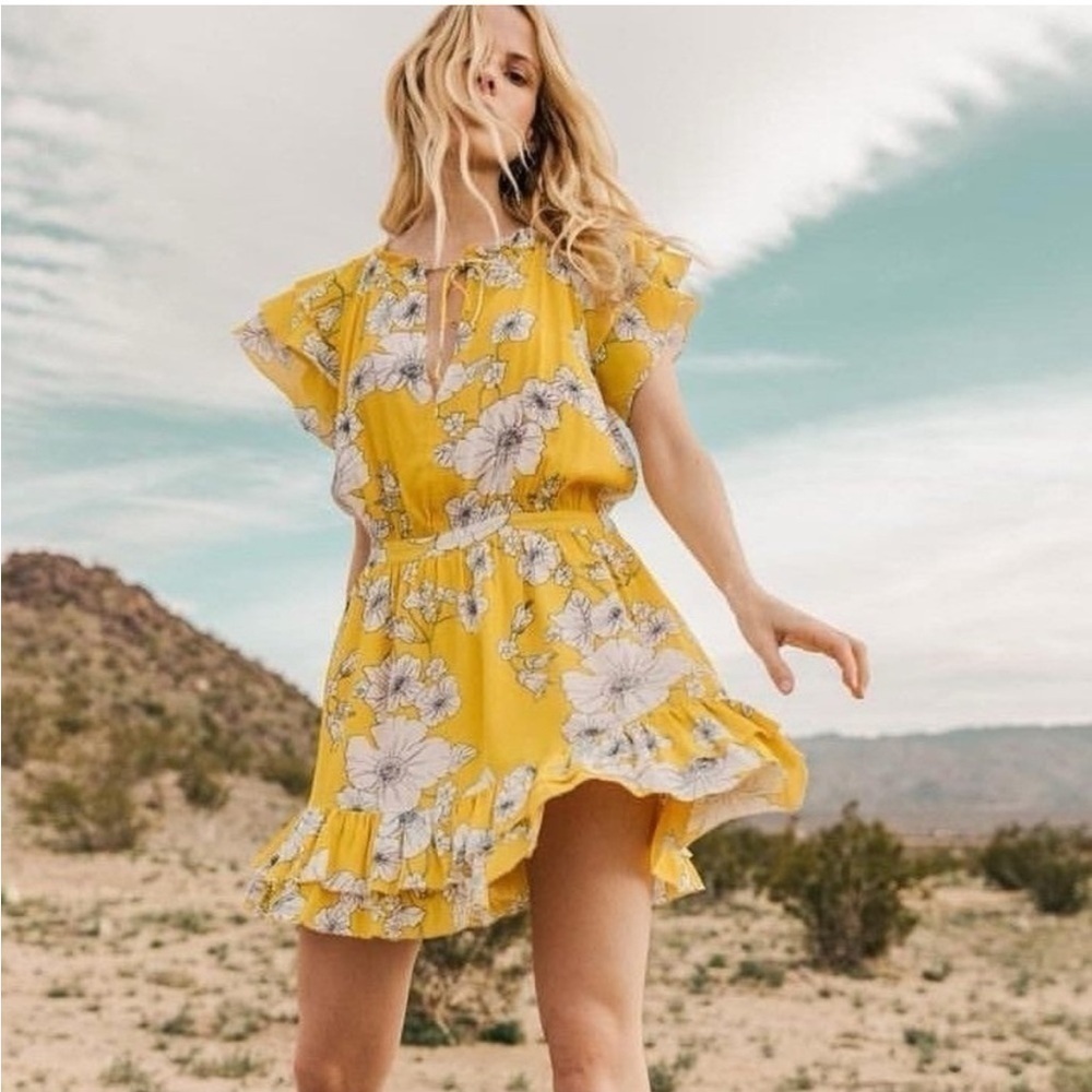 Nwt Cleobella Verona Ruffle Floral Mini Dress Yellow Sz S